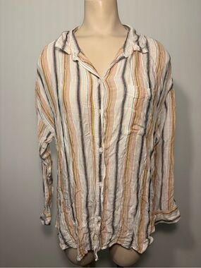 American Eagle • Striped Long-Sleeve Button-Up Shirt - Cream Multi